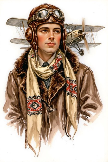 hafisher1 illustration. 
A man from the 1920s, dressed in a brown, worn leather pilot's coat with a fur-lined collar, vintage pilot leather helmet . He wears a cream-colored scarf with intricate, geometric patterns, draped around his neck. The scarf appears to have a red and black design. The is a antique airplane in the background.
 <lora:hafisher1_cap_d6a3e12:1.0><lora:829872219711663909:0>