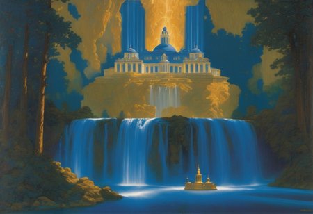 award winning painting of a floating castle in the air, a waterfall flows from the castle to the ground, epic composition, detailed, parts made of deep blue crystal,  intricate, Maxfield Parrish Style page