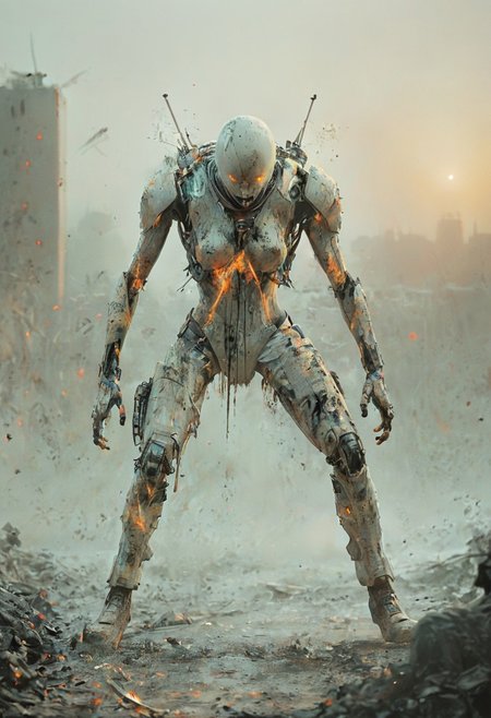 a combat cyborg, battle damaged, looking at the sunset over a faraway distopian city, colorful, muted rusted eroded paint, looking defeated,