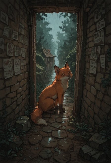 score_9, score_8_up, score_7_up, Expressiveh, best quality, masterpiece, newest, absurd res, hi res, very awa, fox, honovy, (mucknagabe:0.7), (akai sashimi:0.5), (studio ghibli:0.5), (96yottea:0.3), (rei \(sanbonzakura\):0.3),  realistic feral, slim, no sclera, solo, headshot portrait, looking up at viewer, side view, no humans, (peeking around corner:1.1), (curious:1.1), (doorway:1.1), high-angle view, (stone cottage:1.1), crumbling wall, dilapidated, rocks, moss, highlands, scotland, rural, overcast, rain, mist, early morning, dim, ethereal, cinematic lighting, dramatic, landscape, architecture, postcard, (lineart:0.6), watercolor, vintage, zPDXL3, detailxl, Score_PnyReal,