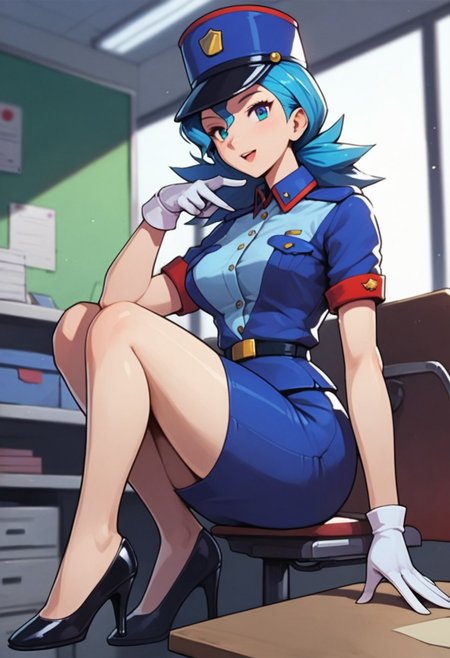 SFW,score_9, score_8_up, score_7_up, score_6_up,depth of field, absurdres, best quality,highly detailed,dynamic lighting,solo,1girl,Office Uniform,white gloves,heels,blue headwear,blue hat,policewoman,seductive,pencil skirt,