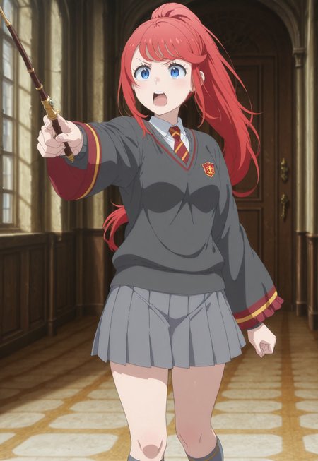 masterpiece, best quality, hires, absurdres, anime screenshot, 1girl, solo, theresia van astrea, bangs, blue eyes, ponytail, red hair, anime screencap, gryffindor,grey sweater, pleated skirt, grey skirt, kneehighs, grey socks, black loafers, maroon necktie, striped necktie, maroon trim, gold trim, emblem, pointing wand, serious, mouth open, yelling, cowboy shot, 