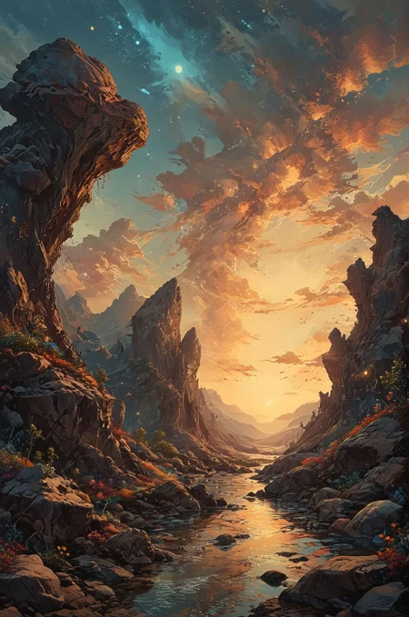 An otherworldly landscape inspired by the alien landscapes of distant planets, with towering rock formations carved by wind and erosion and bioluminescent flora casting an ethereal glow. The sky is filled with swirling nebulae and distant stars, hinting at the mysteries of the cosmos. (masterpiece, award winning artwork)
many details, extreme detailed, full of details,
Wide range of colors, high Dynamic
<lora:EldritchMixIllustration_1.0:1.0>
<lora:add-detail-xl:0.89>
 <lora:xl_more_art-full_v1:0.4> 
 <lora:MJ52:0.4>