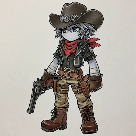, hat, gun, gloves, 1boy, , male focus, bandages, handgun, boots, revolver, belt, scarf, knife, , holding weapon, , , cowboy hat, holster, torn clothes, , pants, , , ,  grey hair, gray skin, 
2d, (chibi:0.3) <lora:GAME_STYLE_Dissidia_Final_Fantasy_Opera_Omnia:0.7>  , graphite \(medium\), traditional media, colored pencil \(medium\),dissidiaopera, solo, no nose, full body, ,masterpiece, best quality, very awa,