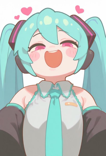 COLIG_ST, PSTL_ST, CuteChibi_ST, CTCB_ST, masterpiece, best quality, very aesthetic, high resolution, ultra-detailed, absurdres, newest, extremely detailed eyes, beautiful, perfect lighting, hi res, amazing quality, very awa, Brightly Lit, Highly Visible, 8k, sharp focus, beautiful, perfect lighting, volumetric lighting, scenery, painting_(artwork), 1girl, hatsune miku, solo, twintails, long hair, closed eyes, aqua hair, heart, detached sleeves, open mouth, sleeveless shirt, shirt, smile, very long hair, sleeveless, blush stickers, pink eyes, simple background, hair ornament, bangs, upper body, necktie, white background, aqua necktie