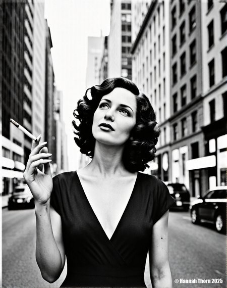 A realistic black and white portrait of a beautiful woman with dark, curly hair, standing in a bustling city street with tall buildings on either side, looking up and slightly to the right, holding a cigarette in her hand, wearing a dark v-neck dress, captured with a shallow depth of field, creating a dreamy and nostalgic atmosphere, reminiscent of classic fashion photography, the lighting is soft and diffused, emphasizing the woman's features and creating a sense of timeless elegance, shot with a medium format camera and a fast lens, such as an 85mm at f/2.8, to achieve a smooth bokeh effect in the background, the buildings are slightly blurred, adding to the overall sense of depth and focus on the subject, the composition is carefully balanced, with the woman positioned slightly off-center to create visual interest, the overall tone is sophisticated and glamorous, evoking a sense of old Hollywood charm, a sense of nostalgia and timeless beauty., <lora:_Flux\_Photographer\Helmut_Newton-000001.safetensors:0.8300000000000002:0.8300000000000002> <lora:_Flux\_Skin_Appearance\detailifier_flux-000006.safetensors:0.8300000000000002:0.8300000000000002> <lora:_Flux\_Skin_Appearance\Old_Beauty.safetensors:0.7500000000000001:0.7500000000000001>, A striking black and white portrait of a woman, reminiscent of classic Hollywood glamour, with a film strip draped across her face, creating a surreal and artistic effect. The image is captured with a shallow depth of field, emphasizing the sharpness of her features and the film strip, while gently blurring the background. The lighting is soft and diffused, highlighting the contours of her face and adding a timeless quality to the photograph. The overall style evokes the elegance of vintage photography, with a modern twist that challenges conventional portraiture. Shot with a Hasselblad camera and an 80mm lens, f/2.8, ISO 100., <lora:_Flux\_Photographer\Helmut_Newton-000001.safetensors:0.8300000000000002:0.8300000000000002> <lora:_Flux\_Skin_Appearance\detailifier_flux-000006.safetensors:0.8300000000000002:0.8300000000000002> <lora:_Flux\_Skin_Appearance\Old_Beauty.safetensors:0.7500000000000001:0.7500000000000001><lora:_Flux\_Photographer\Helmut_Newton-000001.safetensors:0.8300000000000002:0.8300000000000002> <lora:_Flux\_Skin_Appearance\detailifier_flux-000006.safetensors:0.8300000000000002:0.8300000000000002> <lora:_Flux\_Skin_Appearance\Old_Beauty.safetensors:0.7500000000000001:0.7500000000000001>