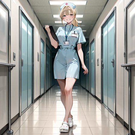 (masterpiece, newest, best quality, highly detailed, very awa, superfine illustration, official art style), very detailed face, hyperrealistic, (UHD quality details), 1girl, from front, crocs_shoes, 1girl, standing, nurse, nurse uniform, blonde ponytail, smiling, white crocs, lanyard, name_badge, holding, holding clipboard, indoors, hospital ward, depth of field, 8k uhd, absurdres, volumetric lighting, tack sharp focus, beautiful composition, intricate detail, professional illustration
