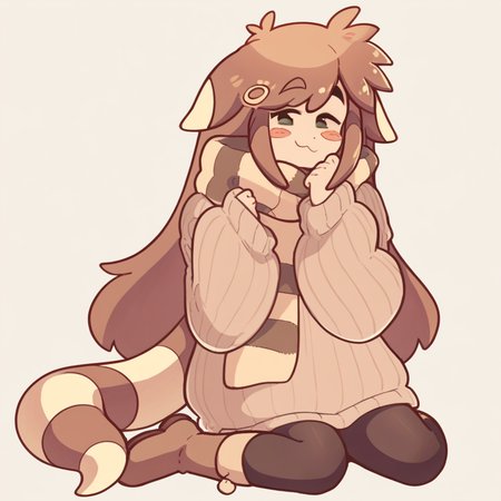 score_9, score_8_up, score_7_up, score_6_up, In the style of loveycloud, gretafurret, 1girl, long hair, tail, blush stickers, raccoon tail, blush, raccoon ears, bangs, green eyes, personification, brown hair,  striped scarf, ribbed sweater, black pantyhose, long sleeves, sleeves past wrists, brown boots, sleeves past fingers, hairclip, sweater dress, puffy sleeves, oversized clothes, brown sweater, looking at viewer, sitting, simple background, lower view, smile, :3, solo, closed mouth, half closed eyes, full body, facing viewer