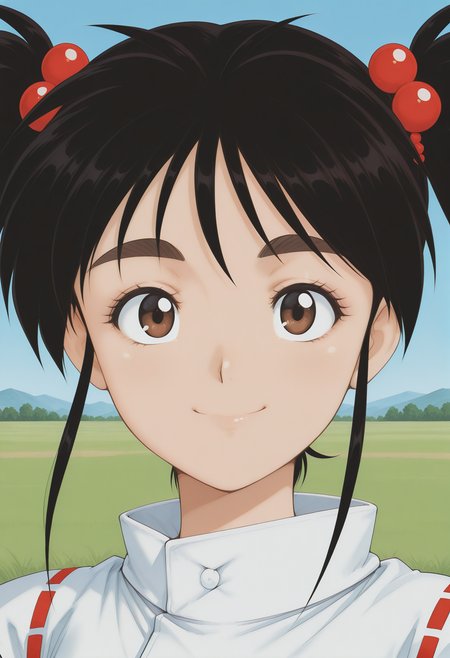 enno_chiaki, thick eyebrows, brown eyes, black hair, long hair, twintails, hair bobbles, japanese clothes, <lora:enno_chiaki_illustrious_ver2:0.8> 
smile,, masterpiece, best quality, very aesthetic, absurdres, general,, 1girl, solo, blue sky, (grasslands:1.2), looking at viewer,, (upper body:1.2), (close-up:1.2), (facing viewer:1.2), (open eyes:1.4), (portrait:1.2)