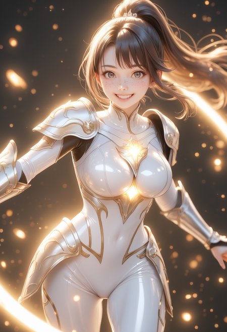 score_9, score_8_up, score_7_up, source_anime, masterpiece, best quality, perfect anatomy, very aesthetic, ((outlined outlined vector graphics)),no norm,
, cute face, glittering, glimmering,, black background, cowboy shot, grin,  front view ,  looking at viewer  ,
1girl, solo, 20yo, brown hair, gray eyes, (large breast:1.1), (ponytail:1.1), medium hair,(curvy:1.1),bangs , bodysuit, skin tight, freckles, latex, glowing,, holy armor,  silver holy armor, fantasy,glowing, silver skirt, smile,   jumping,  ,  action pose ,  ,happy<lora:holy-armor-01-step00000880:1.0>