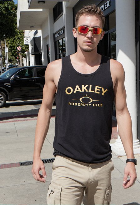 A man, in Beverly Hills, Rodeo Dr, luxury stores sidewalk, tanktop shirt with oakley logo, cargo pants, golden Oakley Sunglasses, red Mirrored Lens,    
 high quality  <lora:Oakley_Sunglasses:0.75>