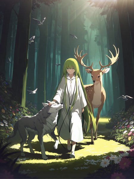 (artist:fajyobore:0.6), (artist:kieed), artist:ogipote, , enkidu \(fate\), fate \(series\), light smile, walking, bird, deer, petting, forest, sunlight, flower, animal, candid shot, wolf, 
,masterpiece,best quality,amazing quality,