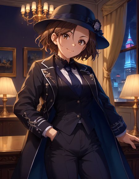 score_9,score_8_up,score_7_up,1girl,solo,looking at viewer,smile,closed mouth,night city,indoors,
<lora:mizukiseira_ponyXLV6:0.8>,cgmsr,brown hair,short hair,brown eyes,
formal,black hat,black coat,vest,frilled collar,navy necktie,black pants