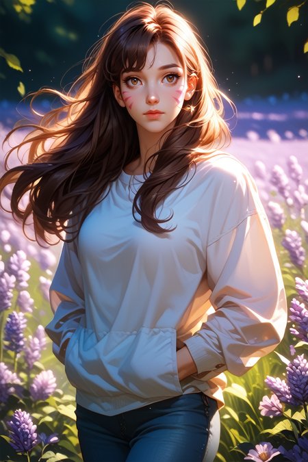 score_9, score_8_up, score_7_up
<lora:ODVA:1.0>
ODVA, 1girl, brown hair, brown eyes, whisker markings, long hair, standing in a field of lavender, hands in pockets, slight breeze blowing hair, warm golden hour sunlight, serene and peaceful mood