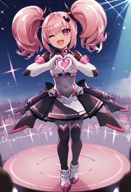 score_4,score_5,score_6,score_7_up,score_8_up,score_9
((masterpiece,best quality,ultra detailed,highres,HD,4k:1.2)),
1 cute girl,girl forcus,
full body,long hair,twintail,pink hair,pink eyes,Black conjunctiva,
elbow gloves,covered navel,body suit,skirt,boot,black knee socks,
stage,idol stage,((Make a heart symbol with both hands, heart with both hands,heart hands,heart symbol)), looking at the audience,
happy, smile, open mouth,wink,