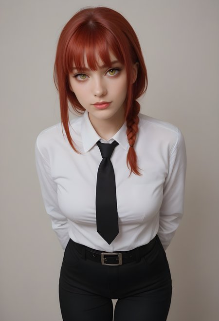 score_9, score_8_up, score_7_up, BREAK, The image shows a woman with red hair wearing a white shirt, black tie, and black pants, posing for a picture against a white background. On the left side of the image, there is some edited text. realistic, makima \(chainsaw man\), 1girl, solo, long hair, breasts, looking at viewer, bangs, simple background, shirt, white background, closed mouth, yellow eyes, white shirt, braid, sidelocks, red hair, necktie, collared shirt, belt, pants, blunt bangs, leaning forward, arms behind back, black pants, formal, black necktie, braided ponytail, shirt tucked in, ringed eyes, high-waist pants,  photo, real hair, detailed skin, highly detailed, detailed skin, film grain, <lora:zy_AmateurStyle_v2:0.45>