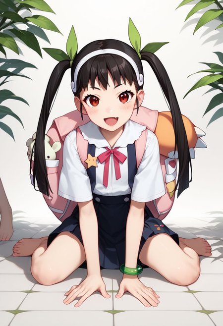 score_9, score_8_up, score_7_up, score_6_up, score_5_up, score_4_up, source_anime, masterpiece, 
fair skin, cute, young, petite, thin waist, beautiful legs, barefoot, blushing,
look at viewer, from front, straight-on, full body view, 
<lora:hachikuji mayoi:1>,hachikuji mayoi,black hair,suspender skirt,fang,backpack,shirt,twintails,red eyes,skin fang,hairband,white shirt,jewelry,bracelet,short sleeves,hair ribbon,black skirt,neck ribbon,star \(symbol\),white hairband,
kneel down on the ground and apologize, hands on ground
