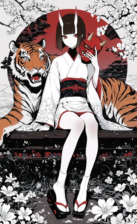 masterpiece, best quality, good quality, very awa, newest, highres, absurdres, 1girl, solo, short hair, brown hair, black hair, long sleeves, holding, sitting, full body, flower, horns, japanese clothes, socks, blunt bangs, wide sleeves, kimono, sash, mask, fangs, white socks, sandals, bob cut, obi, white flower, white kimono, oni, geta, tabi, short kimono, skin-covered horns, unworn mask, holding mask, tiger, oni mask, limited palette, <lora:illustriousXL_stabilizer_v1.23:0.3> <lora:NOOB_vp1_detailer_by_volnovik_v1:0.3> <lora:ponyv6_noobE11_2_adamW-000017:0.3> <lora:114558v4df2fsdf5:0.6> <lora:XXX667:0.4> <lora:mon_monmon2133:0.5>