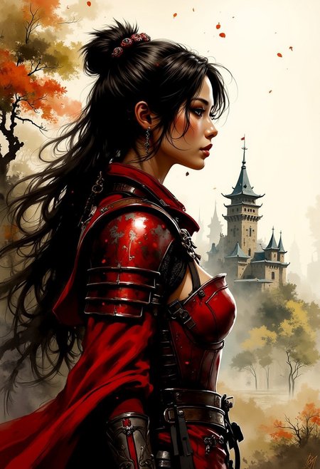 A dinkfsn style ink wash painting, Silhouette Art, magnificent, closeup side portrait of stunning japanese woman, long loose hair, gleaming red medieval plate armour,  standing in front of castle, dappled sunlight