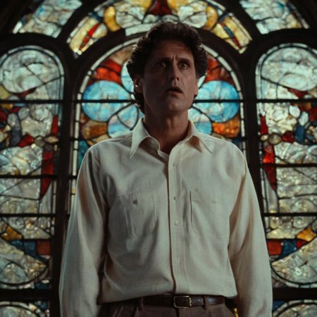 Horror-themed,  <lora:Fright Night 1985 Film Style:1>
Cinematic Medium low angle from below Shot, Film Footage captured by Panavision Cameras and Lenses, young Chris Sarandon as Jerry Dandrige a man in a white shirt standing in front of a stained glass window, staring with a surprise big eyes look and open mouth at something in front of camera, with perfect dramatic shadow light on,  Fright Night 1985 Film Style, Eerie, unsettling, dark, spooky, suspenseful, grim, highly detailed