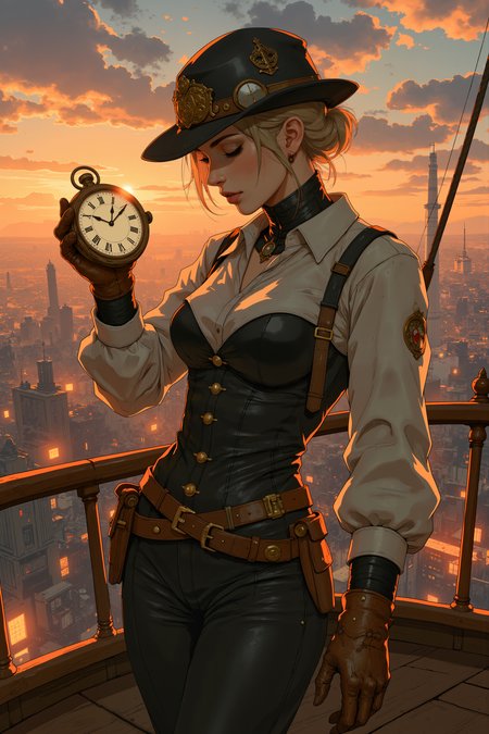 Atop the observation deck of a colossal, steam-driven airship, a noblewoman in an elegant yet practical corset-and-trousers ensemble glares at the pocket watch in her hand. The intricate, gilded timepiece, a supposed marvel of modern engineering, ticks wildly out of sync, its hands spinning in unpredictable directions. She shakes it furiously, but the mechanism only responds with an ominous clicking noise before going still entirely. The sky around her is painted in hues of amber and violet, streaked with clouds that glow in the fading light of the setting sun. Below, the sprawling cityscape hums with the energy of gas lamps and factory smokestacks, stretching toward the horizon in an endless sprawl of brass and stone. Her perfectly polished boots tap impatiently against the metal deck, and a passing automaton steward tilts its head at her predicament with a soft whir. With an irritated sigh, she snaps the watch shut and stuffs it into her pocket, vowing to have sharp words with its inventor. Somewhere in the distance, the low groan of an airship engine echoes, a reminder that even the grandest of machines are prone to the flaws of their makers. , detailed background  Fantastic lighting. Detailed shadows.intricate details, vivid colors, hyper-detailed, ultra-sharp, , <lora:Semi-realisticPortraitPainting:0.4> <lora:Let_It_Blaze_in_Crimson_anime_v1.0:0.6>