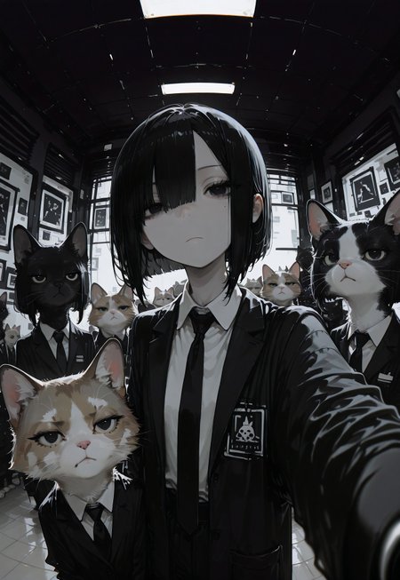 masterpiece, newest,absurdres,incredibly absurdres, best quality, amazing quality, very aesthetic,no lineart,no outline, scenery, 1girl, solo, black hair, bob cut, asymmetrical bangs, hair between eyes, black eyes, mole under eye, detailed eyes, eyelashes,  expressionless, black business suit, collard shirt,tie, looking at viewer,group selfie, hand in pocket, (fisheye:1.2), animal, animal focus,grumpy cat, indoors, hotel corridor, spot light, ceiling,floor, dark theme, flat colors, chromatic aberration, r17329_illu,S4bit4mago_illu