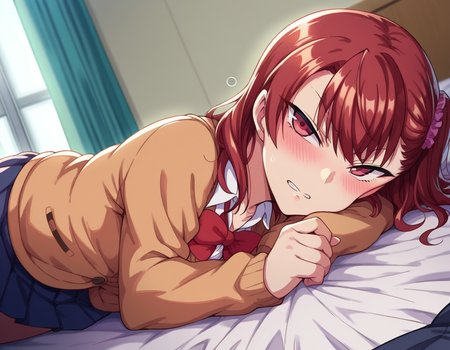 score_9, score_8_up, score_7_up, source_anime,
izuminogami, <lora:izumi-nogami-ponyxl-lora-nochekaiser:1>
izumi nogami, red hair, one side up, medium hair, scrunchie, red eyes,
skirt, school uniform, pleated skirt, shoes, socks, cardigan, brown cardigan,
indoors, bed, bed room, on side, blush, drunk,
looking at viewer, dutch angle, cowboy shot,