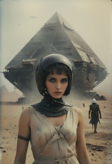 A scene by Franco fontana: Capture the modern casual essence of pale faceless Cyborg alien-Cleopatra with towering egypt crown and ruffled See through dress as she relentlessly gets followed By her neon-pastel followers through an Dusty desert. Wearing a sss laurel wreath
On her head, explore the somber tones and bleak atmosphere in your depiction, emphasizing the eternal struggle and challenge of her royal fate. Infront of the Brand new marble translucent Milky White Pyramids and a giant floating construction space carrier, 
deep Blacks, very detailed, atmospheric haze, Film grain, cinematic film still, shallow depth of field, highly detailed, high budget, cinemascope, moody, epic, OverallDetail, 2000s vintage RAW photo, photorealistic, candid camera, color graded cinematic, eye catchlights, atmospheric lighting, imperfections, natural, shallow dof