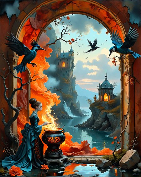 ,profile silhouette against vivid sunset of a djinn bound to fractured lantern crawling through ruins with determination in front of Winslow Homer (coastal realism), Glacial valley with milky-blue streams, kingfisher perched on branch, water-driven forge building,goshawk circling prey.,
wearing molten lava flow silk kimono made of bioluminescent bacterial cellulose with steam-valve shoulder pauldrons,
gothic stained glass mosaic in the style of lena danya, haunted TV screen static glow, witch's cauldron smoke,
obsidian mirror shard reflections, rugged, weather-beaten, patina-layered, hierarchical scale (giant vs miniature), artstation, trending on artstation, highly detailed fantasy art, stocking, intricate, elegant, highly detailed, centered, digital painting, concept art, smooth, sharp focus,
 <lora:tbh351-sdxl:0.15> style of Ray Caesar,
<lora:tbh124-sdxl:0.15> style of Jean-Antoine Watteau,
 <lora:tbh129-sdxl:0.15> style of Michael Cheval,
 <lora:add-detail-xl:0.7>,
<lora:Flux-XL_Scenery:0.15> flux-scenery,
<lora:Flux-style-xl-lora:0.15> flux-style,
 <lora:1dkXLP:0.15> 1dk,
 <lora:extremely_detailed:0.8> extremely detailed ,
<lora:urotatoXL10a:0.1> ur0tat0xl10a,