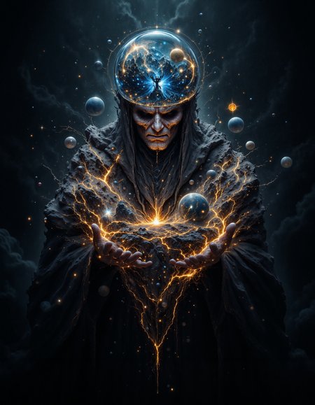 The final moment of a cosmic guardian: a frail, hunched man in tattered robes, his face obscured by shadow. He extends a glowing glass sphere filled with galaxies, planets, and nebulae, symbolising all of creation, towards the viewer. The sphereâs ethereal light bathes his hands and robes in glowing hues of gold and silver, cutting through the surrounding darkness. The background is vast and mysterious, hinting at the infinite cosmos. The mood is dramatic and reverent, evoking awe and curiosity.
aidmaimageupgrader < <lora:DreamArtFlux:0.7> DreamArt <lora:fluxenhancer:0.25>  <lora:aidmaFLuxPro1.1_v0.3:0.8> aidmafluxpro1.1
