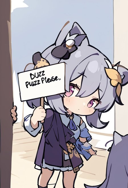 ,chibi,1girl,solo,keqing \(genshin impact\),<lora:123rodosi-00008:1>, masterpiece, best quality, very aesthetic, absurdres,holding sign with text "buzz please",