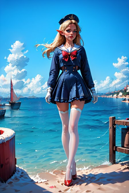 1woman, sexy, petite, skinny legs, long hair, blonde hair, <lora:Sailor:1> Jed-Salr, Navy Blue Mini Dress, White Trim,  White Sailor Collar,  Nautical Stripes,  White Thigh-High Stockings, Red Heels, Sailor Hat,  White Gloves, Sailor Cuffs, White Petticoat, walking on a coastline,, score_9, score_8_up, score_7_up, score_6_up, score_5_up, score_4_up, <lora:K040790P:0.4> 040790P, woman, elf, 24 years old, <lora:Breast Slider - Pony_alpha1.0_rank4_noxattn_last:1>, (tiny waist, flat stomach, narrow hips), <lora:Aesthetics_Enhancer_pony:0.8> EnhanceImage