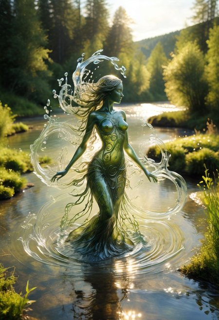 water elemental, transparent water, dancing water figure, openwork filigree swirls,  film grain, detailed river background, wet surface, water surface, (meadow, forest:0.5), (shimmering sun:0.5), magical