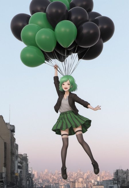 An anime Illustration of a pretty woman with green hair being held aloft by black balloons