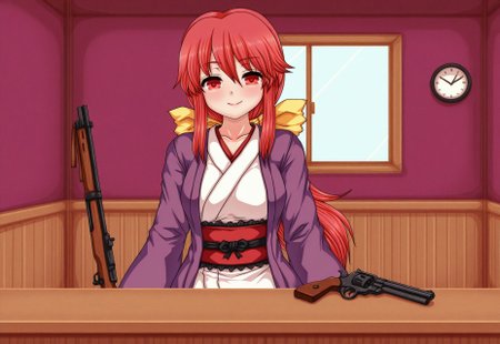safe_pos, pixelated, pixel_art, n \(dai n honpo\), masterpiece, best quality, BREAK, 1girl, kotohime (touhou), long hair, red hair, hair between eyes, bangs, sidelocks, low ponytail, hair bow, yellow bow, red eyes, japanese clothes, purple coat, white kimono, red obi, wooden_wall, indoors, counter, behind_counter, arms_on_counter, weapon_on_wall, gun, revolver, rifle, smile, (facing_viewer:2.5), gun_on_counter, gun_on_wall, medium_breasts, window, village,