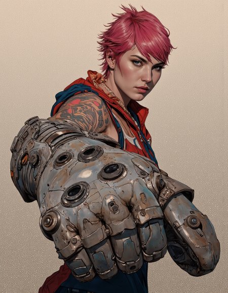 By Phandigrams. A digital illustration shoot from a portrait angle about a stylized female character with vibrant pink hair and tattoos, holding a large, futuristic glove in a confident pose. the image also shows intricate details on the armor and tattoos on her arms. on the middle of the image, a young woman with short, spiky pink hair appears to be looking directly at the viewer with a serious expression. she has blue eyes and is wearing a sleeveless, red jacket with a blue top underneath. her hair is styled in a mohawk and she has a tattoo on her right arm. she is standing with her upper body facing the viewer and her eye direction is looking to the side. the background is a plain beige color.