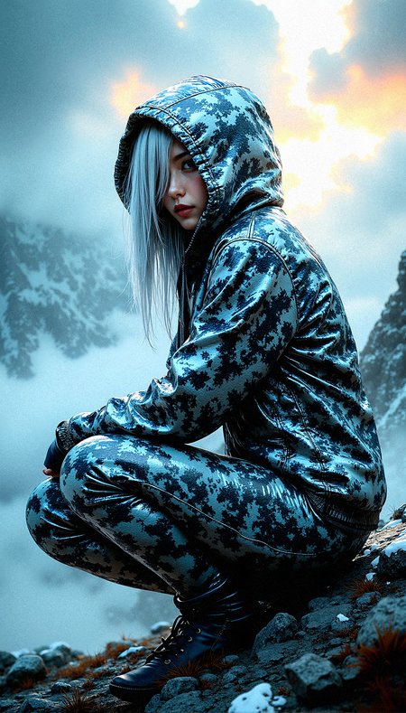 A mysterious beauty is the focal point of this intricate digital artwork, her shining silver hair barely visible beneath a hooded jacket adorned with an intricate cloud print pattern. The jacket is made of a reflective, almost metallic material that catches and refracts light in complex ways, creating a visually stunning texture. The figure’s eyes are hidden in the shadows of the hood, adding to the air of mystery and intrigue. The background features a dramatic, on a cold mountain summit, cloud-filled sky, rich with vibrant colors and swirling patterns, as if nature itself is in turmoil or transition. The lighting is intense, with beams of light cutting through the clouds, casting dynamic shadows across the figure’s face and clothing. The overall composition is highly complex, with rich, saturated colors and extreme detail, making every element—from the texture of the jacket to the vibrant sky—stand out with striking clarity and depth.

Crouching with one knee on the ground,