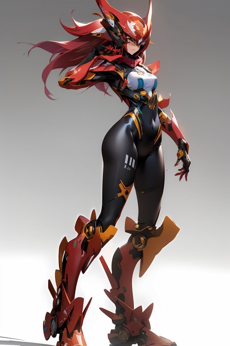 masterpiece, best quality, 1girl, bodysuit, full body ,<lora:GD0902:1>, 
1girl,full_body,obi,leg_lift,scowl,mole on breast,solid oval eyes,
red and black, red and black bodysuit, full body , mechanical arms, medium breasts, science fiction, solo, simple background <lora:nijiMecha:1>