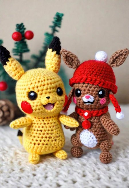Crocheted Pikachu and rudolph the red-nosed reindeer