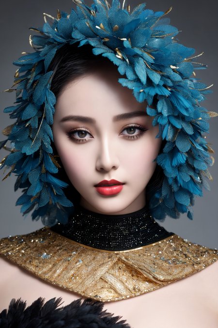 Masterpiece, high quality, 4K, beautiful design, shiny, from the front, award winning photo, extremely detailed, amazing, fine detail, absurdres, highly detailed woman, extremely detailed eyes and face, by lee jeffries nikon d850 film stock photograph 4 kodak portra 400 camera f1.6 lens rich colors hyper realistic lifelike texture dramatic lighting unrealengine trending on artstation cinestill 800 tungsten, solo, 1girl,

fanbingbing, a woman in a black dress and a gold jacket, covered in blue feathers , wearing fanbingbing fashion
 <lora:FanFashion:0.8>
