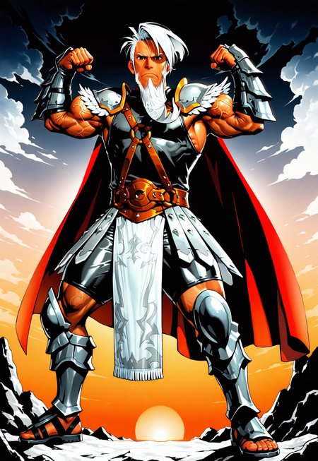 masterpiece,best quality,amazing quality, mm2shd, solid black shading, gradient coloring, gradient colors, GENHERAC, 1boy, male focus, old, old man, solo, white hair, sideswept hair, ((sideswept beard)), brown eyes, muscular, veiny arms, yellow trimmed red cape, feathered pauldrons, sleeveless black shirt, ((black shorts)), brown body harness, brown belt, brown belt buckle, grey pelvic curtain, ((grey pteruges)), black vambraces, black greaves, sandals, flexing, flexing muscle, sunset, serious, looking at viewer