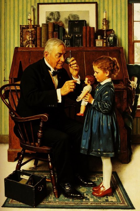 normanrockwell1 painting.
A scene in a doctor's office in the 1940s.
On the left is an elderly doctor, dressed in a black suit, white shirt, and bow tie, sits in a wooden chair, examining a doll held by a young girl. The room is cozy and cluttered with a wooden desk adorned with various items.
 <lora:normanrockwell1_cap_d6a3e12:1.0><lora:841443102125295387:0>