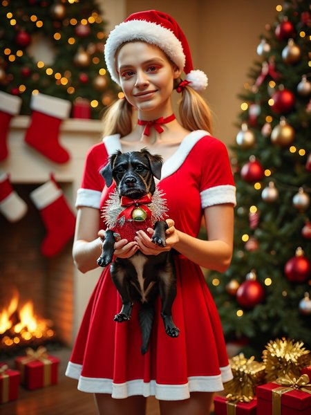 Animal Christmas,  1girl, Santa dress, blurry, blurry background, choker, collarbone, colored eyelashes, dress,Christmas background, hair ribbon, holding, holding dogin Christmas jumper, pleated dress, ribbon, short sleeves, solo, twintails, cocker spaniel in tinsel
 <lora:Animal_Christmas:1>