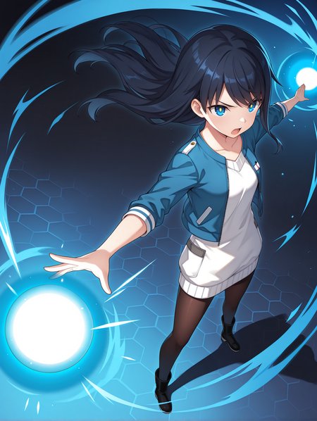 masterpiece,best quality,newest,
1girl,solo,
<lora:k_mutsumi_ilxl_v1.0:1>,k_mutsumi,black hair,long hair,blue eyes,
k_a_s,blue,sweater dress,black_pantyhose,boots,
<lora:Fixhands_anime_bdsqlsz_V1:1>,dynamic_angle,cinematic_angle,glowing eyes,fighting_stance,fighting,(motion_blur:1.3),(motion line:1.2),(speed_lines:1.1),fighting_stance,aura effect,pov,front view,looking ahead,v-shaped eyebrows,honeycomb_background,white_background,simple_background,screaming,light ball,outstretched arms,floating hair,