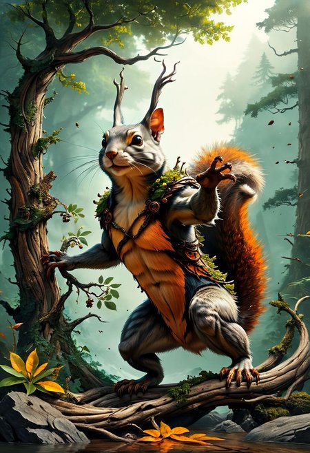 ral-tr33brnch, Arttrttrt, extreme Long Shot, masterpiece, intricate detail, best quality, absurd resolution, 
8k ,  action shot, fighting, fantasy, gigantic pet squirrel, bosstyle <lora:boss_battles:0.55>  , ,fanciful,by (((Steve Henderson) and Cyril Rolando) and Delphin Enjolras) and Delphin Enjolras,