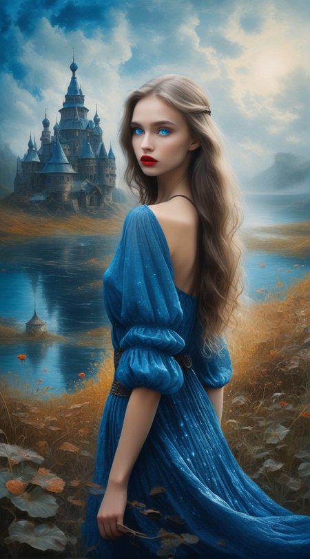 In the depths of the imagination, a dark and mysterious world of desire develops, in which a Slavic girl with blue eyes wanders, lost in an enigmatic, surreal landscape of corporeality <lora:Ann1:0.7>