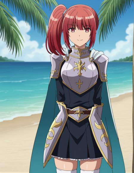 1girl, anime screencap, <lora:VexVexX_Chestille_Lillqvist_PONYXL:1>, ChstilleLillqvist, red hair, side ponytail, bangs, sidelocks, medium breasts,, deep skin, skindentation, seductive smile, detailed skin, glossy skin, armor, shoulder armor, breastplate, skirt, white thighhighs, cape, boots, cowboy shot, from front, standing, hands behind back, legs together, thighs together, looking at viewer, outside, beach, ocean, palm trees,