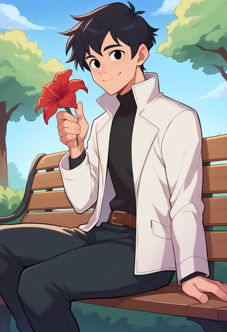score_9, score_8_up, score_7_up,score_6_up BREAK ict style,1boy,solo,black hair,short hair, black eyes,white jacket,black pants,sitting,looking at viewer,blue sky,smile, turtleneck,long sleeves,bench, tree,holding flower,red flower,happy, from side,(from below:0.8),brown belt, hand up, open jacket,popped collar, closed mouth     <lora:BootyFarmPony:1>