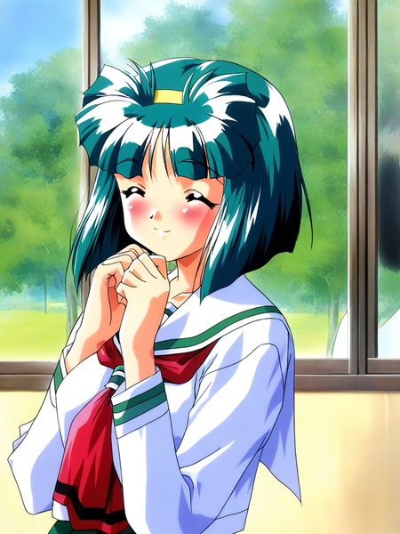 general,highres, ultra-detailed,very aesthetic,best quality ,best hands, BREAK <lora:Sakura_Kaedeko_Tokimeki_Memorial2_IS:1>
Sakura_Kaedeko(Tokimeki_Memorial2), 1girl, solo, short hair, green hair, yellow hairband, red eyes, bangs, breasts, 
closed eyes, school uniform, blush, long sleeves, outdoors, 1990s (style), tree, day, upper body, serafuku, smile, window, own hands together, sailor collar