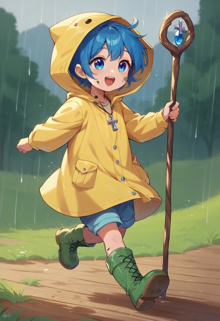 score_9, score_8_up, score_7_up,1girl, alone, child, cute kid, blue hair, blue eyes, yellow raincoat, hood, green boots, dirty boots, necklace with a cross, holding wood staff, happy, outdoors, running, rain